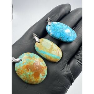 3 Natural Persian Turquoise Pendants Metal Stainless Steel Hook Bulk Lot